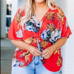 Plus Size Lightweight Crisscross Blouse 2X- Red Floral